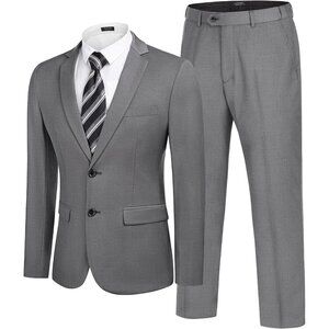 Men's Grey 2 Piece Suits Slim Fit 2 Button Business Wedding Party